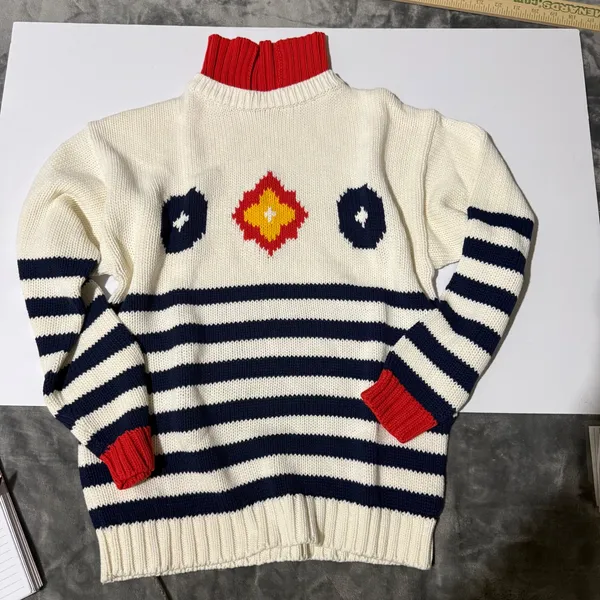 Chicken Face Intarsia Knit Sweater Women M White Blue Red Nautical‎ Coastal - Image 10