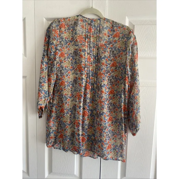 Joie Floral Silk‎ Pintuck Blouse Womens Size S Blue Orange V-Neck 3/4 Sleeve Top - Image 5