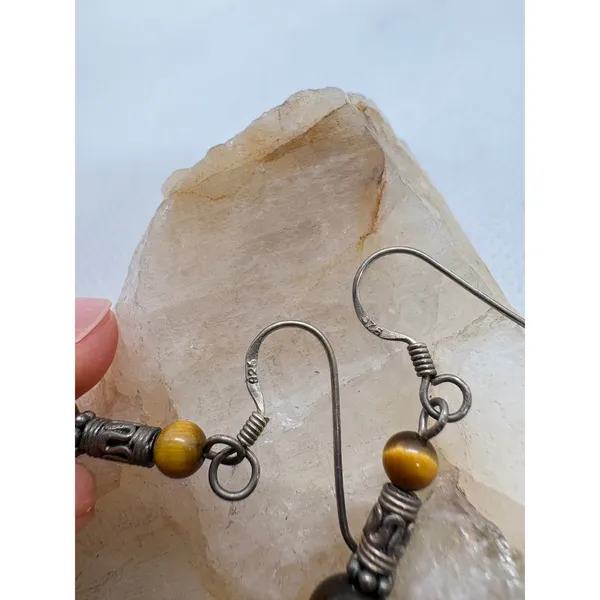 Vintage Sterling Silver 925 Tigers Eye Dangle Drop Earrings Bali Style Boho - Image 3