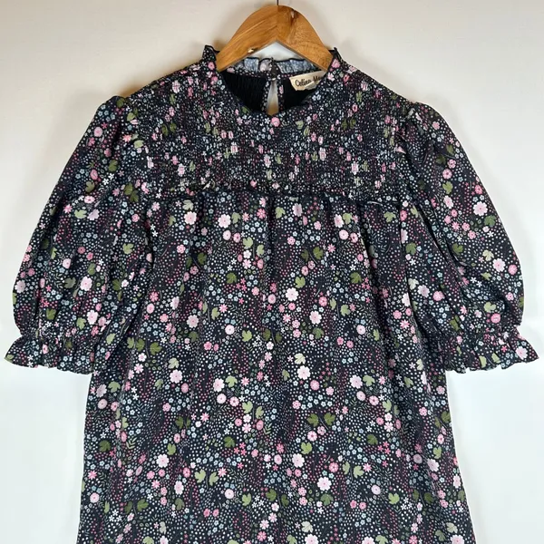 Celina Moon Floral Smocked Mock Neck Puff Sleeve Babydoll Mini Dress Medium - Image 4