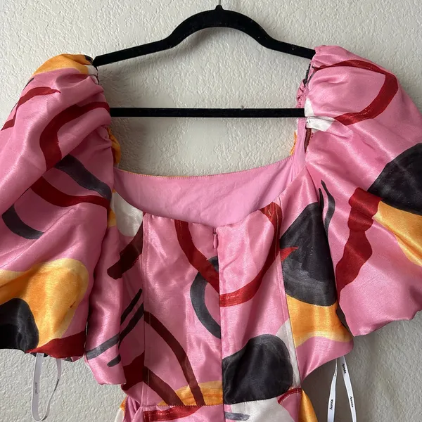 Aureta Anthropologie Studio Printed Puff Sleeve Maxi Cut Out Dress Pink Abstract - Image 4