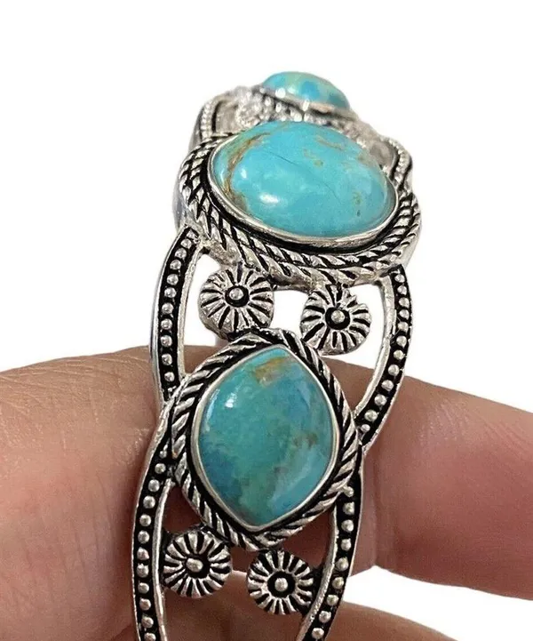 Stauer Triple Turquoise Cuff Open Bangle Silver Bracelet - Image 2