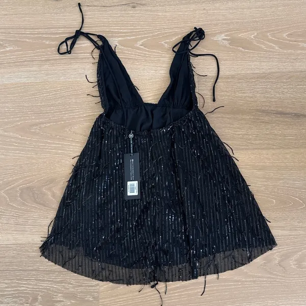 White Fox Mini Dress Plunging Neck Sequins Nothing On You Size M Black - Image 3
