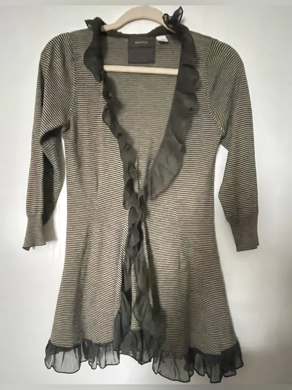 Guinevere Anthropologie Olive Green Striped Ruffle Open Front Cardigan Sz S - Image 4