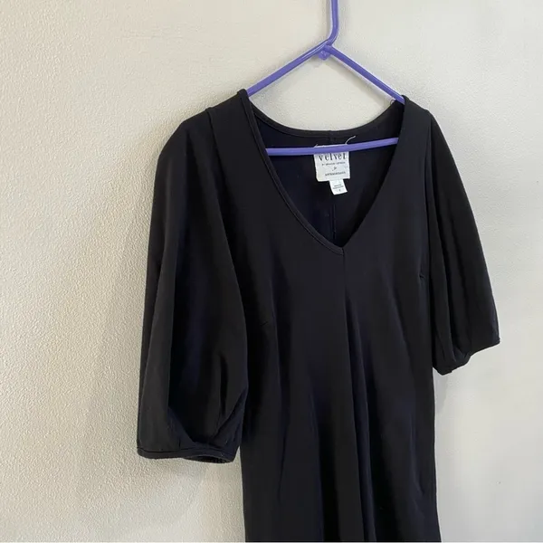 Anthropologie Velvet Puff Sleeve V-Neck Black Cotton Mini Dress Size Small‎ - Image 7