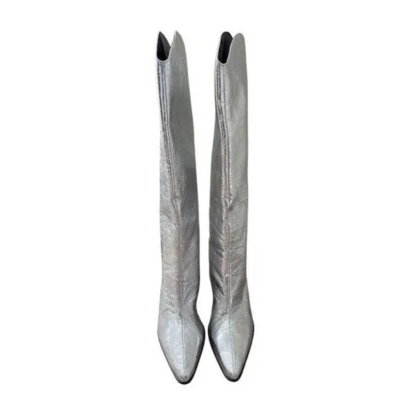 Steve Madden Croft Metallic Silver Western Knee High Pointed Toe Boots 6.5M - Image 5