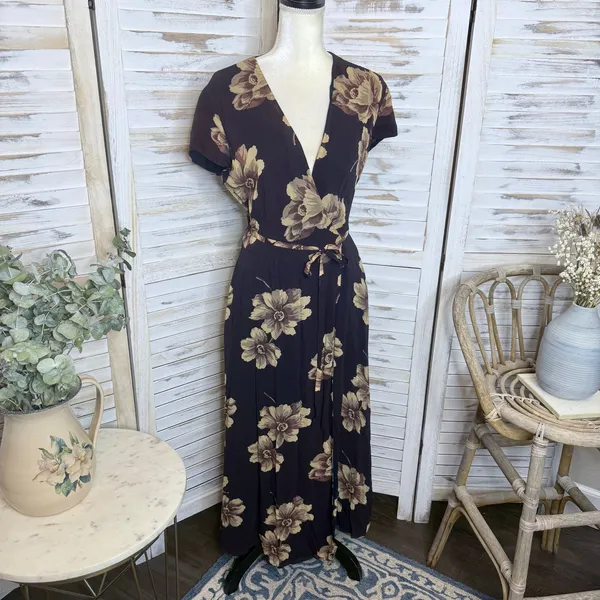 J. CREW VINTAGE Women's 6 Floral Wrap Maxi Dress Flutter Sleeve Brown 90s Y2K - Image 4