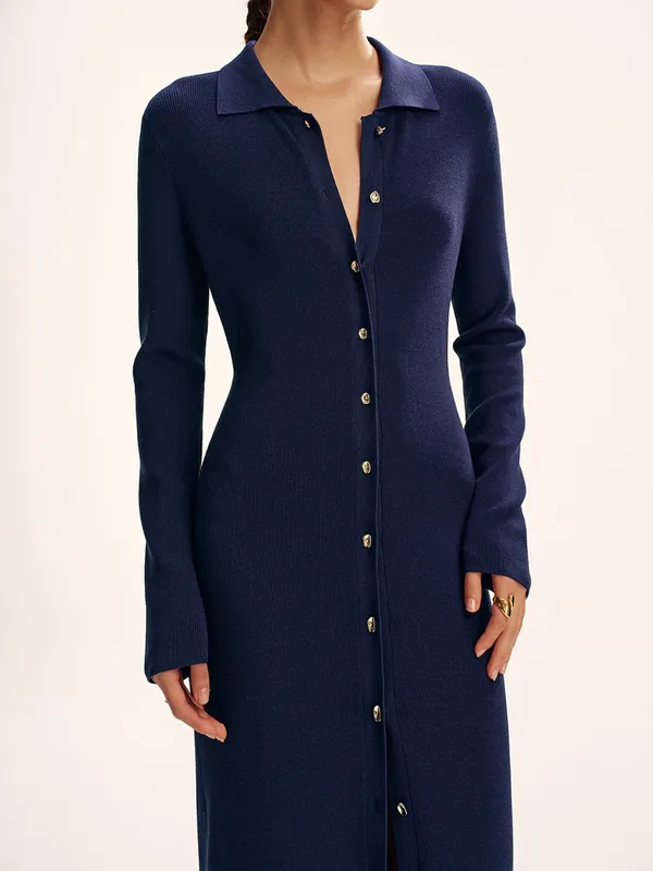 COMMENSE NWT Long Sleeve Button Knit Maxi Dress Navy Gold Buttons - Image 4