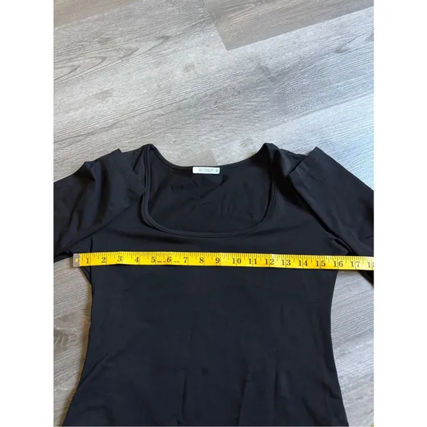 Scoop Neck Black Bodysuit Stretchy Medium Long Sleeve Minimalist Classic - Image 8