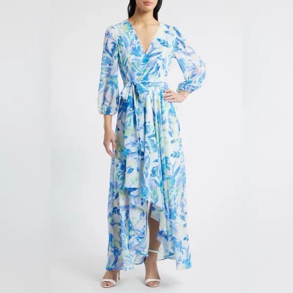 NWT Eliza J Size 10 Floral Long Sleeve Ruffled Hi Low Maxi Dress Party Wedding - Image 2