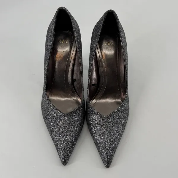 Zara Womens Silver Glitter Sparkle Pointed Toe Stiletto Heel Pumps‎ Size 38 7.5 - Image 2