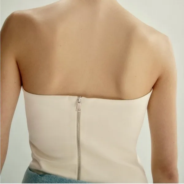 ZARA ivory white satin asymmetrical wrap zipper back strapless tube top - Image 2
