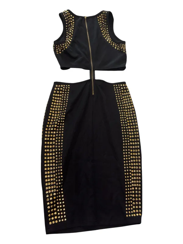 2B BEBE Black Studded 2 Piece Bodycon Skirt Set Crop Top Dress - Image 2