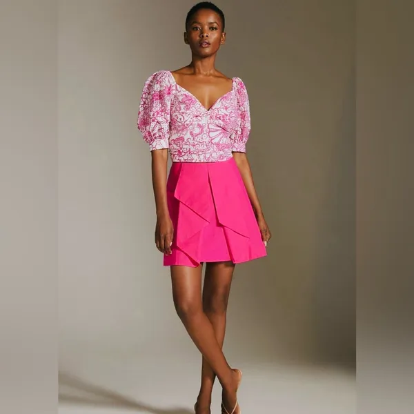 Anthropologie Maeve Ruffle Front Textured Fabric Fuchsia Lined Skirt - Image 3