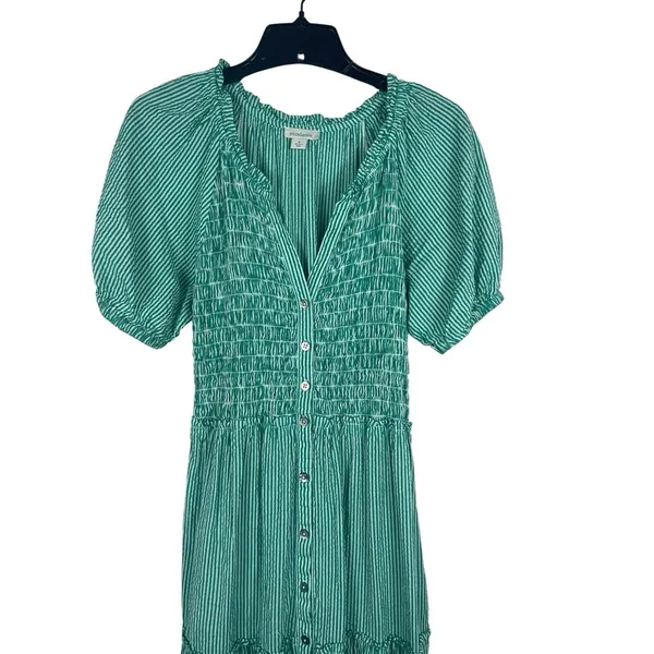 Sundance Smocked Button Maxi Dress S Green White Striped Tiered Cottage Boho - Image 3