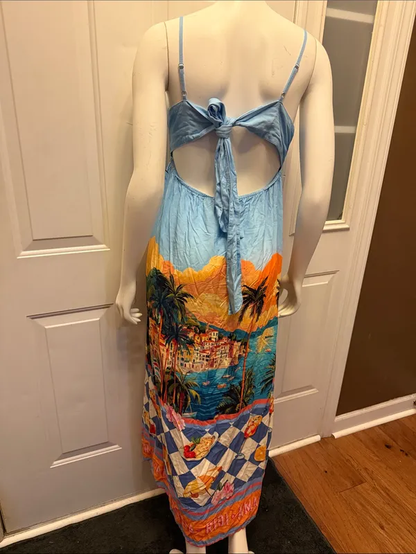 Paper Heart Light Blue Strappy Maxi Dress with Tropical Scenic Print - Image 3
