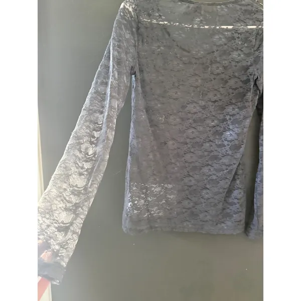 Vanity Y2k Womens Grey Lace Long Sleeve Mesh Cross‎ Chain Print Top Sm Grunge - Image 8