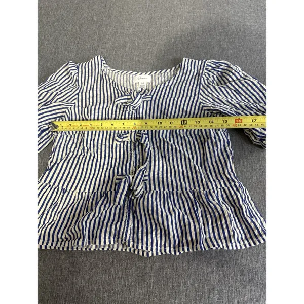 Japna Blue White Striped Tie Front Bow Puff Short Sleeve Square Neck Blouse M - Image 7