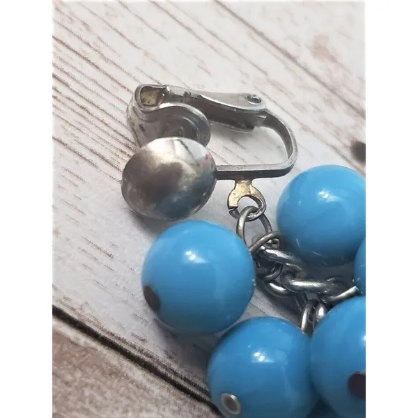 Vintage Clip On Earrings Bright Blue Balls Dangle Large Statement - Image 5