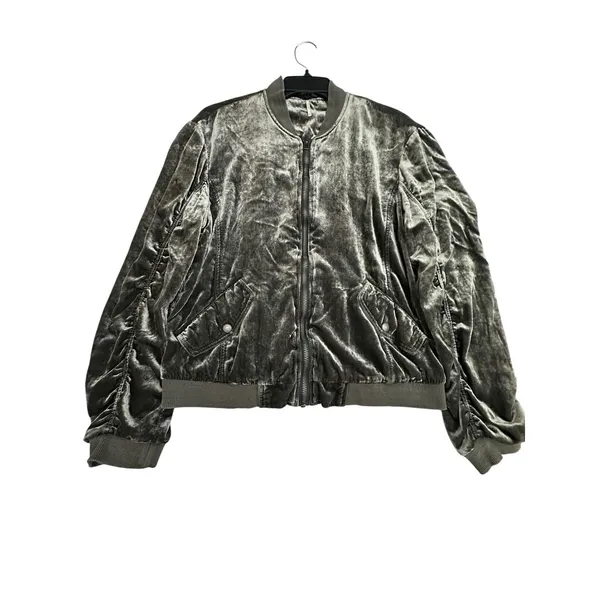 Free People Ruched Bomber Jacket Small Gray Plush Velvet Draped Zip‎ #L6-6 - Image 9