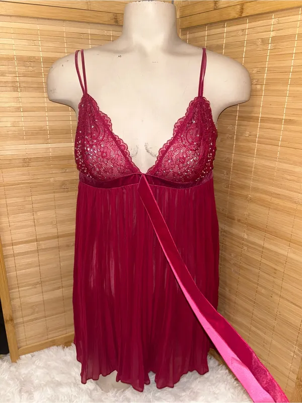 Victoria’s Secret Red Burgundy Pleated Babydoll Chemise sheer lace Lingerie top - Image 3