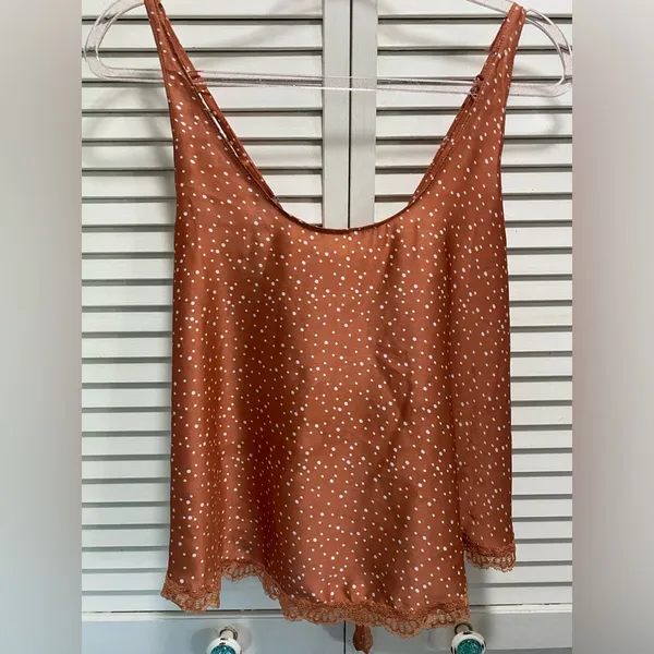 POL Burnt Orange White Polka dot Cami Open Tie Back Lace Trim Size M‎ - Image 2