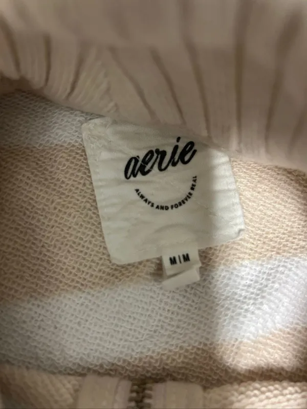 Aerie Half Zip Sweatshirt Striped Cream/White Size M - Image 4
