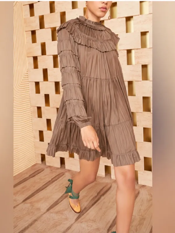 Ulla Johnson Elsa Mini Dress Mica Taupe Ruffled Tiered Satin Size Medium Large - Image 2