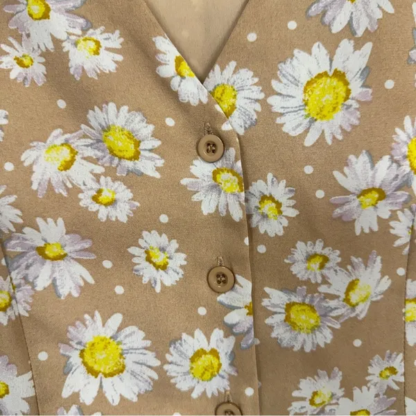 Lulus Tan Daisy Print Mini Summer Dress Mini Womens XS Casual Button Down Spring - Image 4