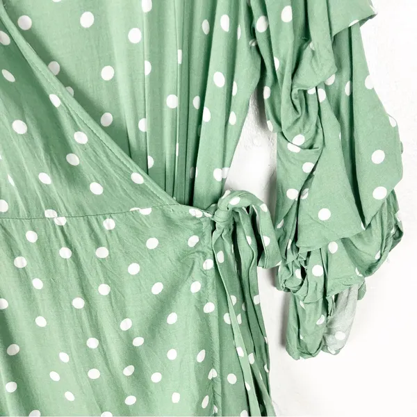 LULUS Green White Polka Dot Ruffled Sleeves Wrap Dress Size Medium Brunch - Image 6