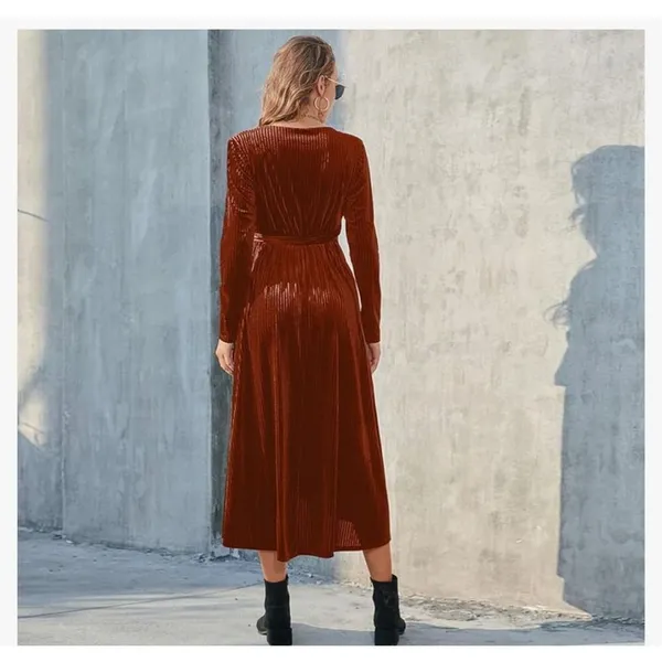 NEW Rust Ribbed Velvet Wrap Long Sleeve Belted Dress L - Image 2