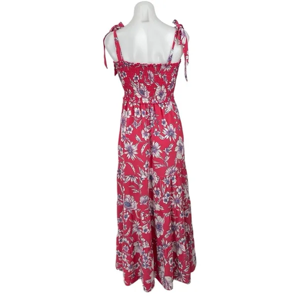 Love & Piece Pink Floral Tiered Smocked Sleeveless Tie Strap A Line Maxi Dress S - Image 4