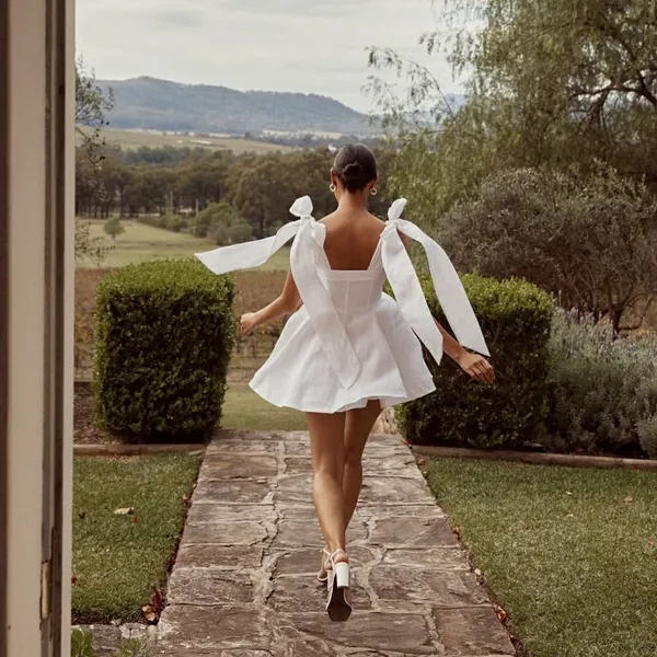 DISSH Aisle White 100% Linen Bow Square Neck Mini Dress - Image 2