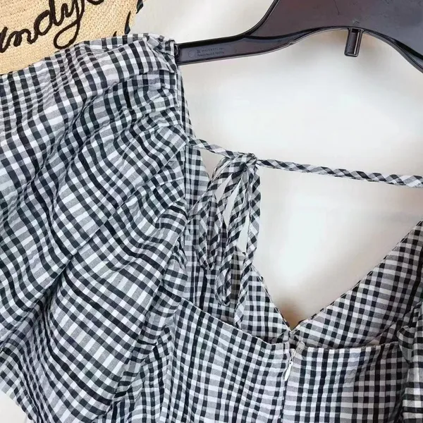 Moon River Afternoon Sunshine Multi Plaid Puff Sleeve Mini Dress - Image 6