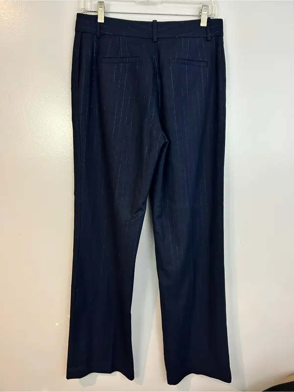 Equiptment Navy Blue Wool Blend Metallic Pinstripe Wide Leg Trouser Pants Sie 6 - Image 7