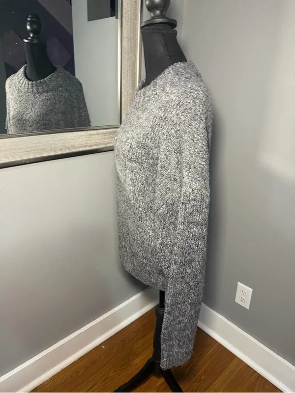 White Fox Wool Blend Marled Chunky Knit Boho Minimalist Grey Sweater L/XL - Image 3