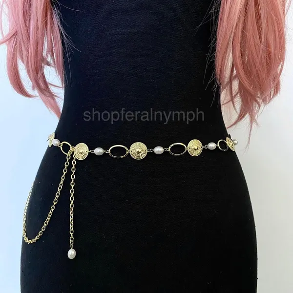 Gold Y2K Faux Pearl Coin Medallion Chain Belt, Fits 17 to 43.5 Inches, X7GA1310 - Image 3