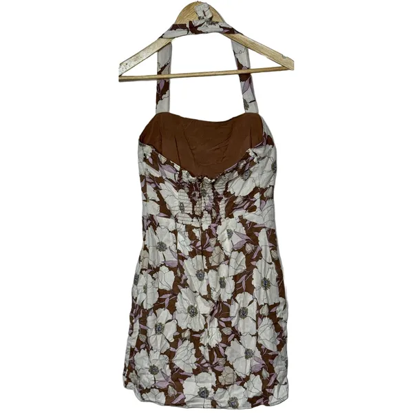 NEW Abercrombie & Fitch White Pink Floral Linen Smocked Halter Mini Dress Size S - Image 4