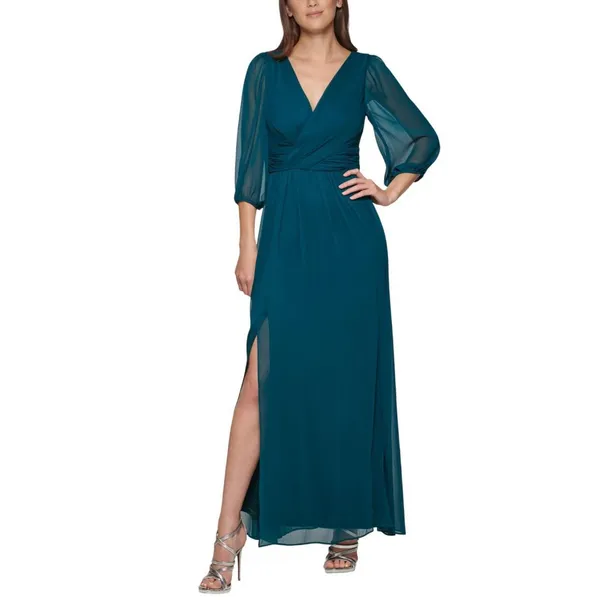 DKNY Chiffon Balloon-Sleeve Faux Wrap Side Slit Maxi Dress Forest Green 8 - Image 8