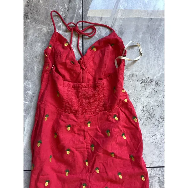 Farm Rio Red Embroidered Pineapple Halter Jumpsuit Linen Blend XS SN 294030 - Image 10
