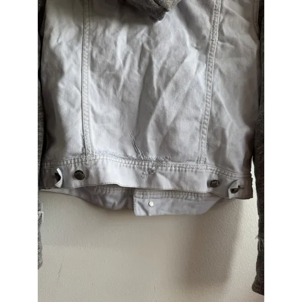 Free People Mixed Media Denim Jacket Light Wash Distressed Knit Hooded Grey M - Image 5