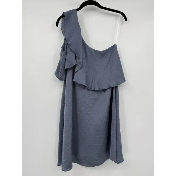 Spirit Of Grace Ruffled One Shoulder Sheath Mini Dress Sz M Satin Blue Flouncy - Image 3