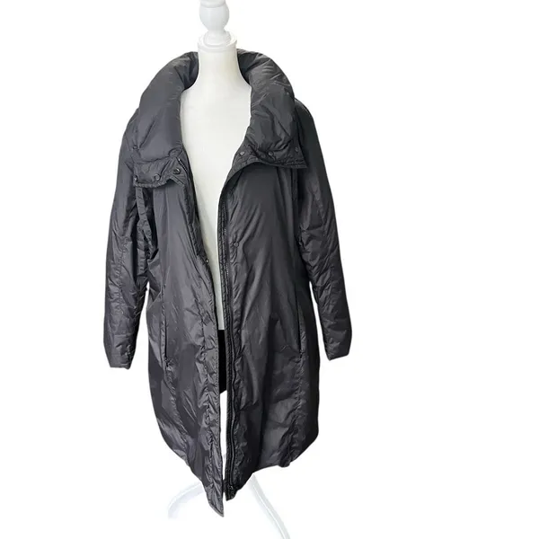 Eileen Fisher Long Down Puffer Coat Eggshell Gray Stand Collar Size L - Image 4