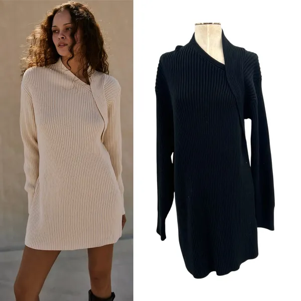 Free People Beach‎ Alba Asymmetric Ribbed Sweater Black Tunic Womens Large - Image 2