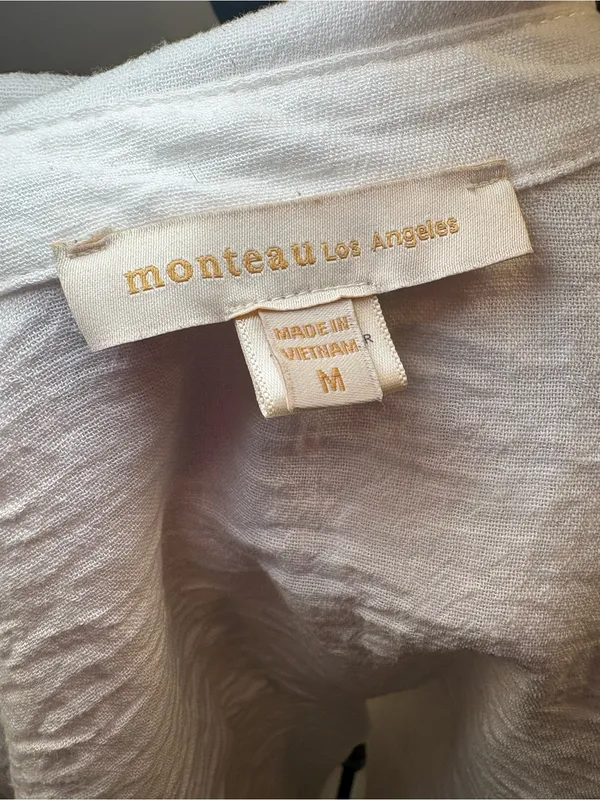 Monteau White Crinkled Short Sleeve Button-Down Shirt Medium - Image 10