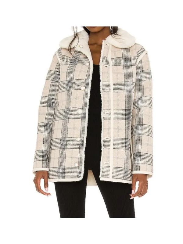 Lovers Friends Natalia Faux Fur Reversible Jacket Ivory Teddy Tan Plaid Coat XS - Image 2