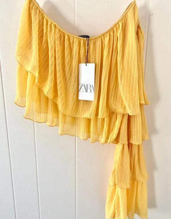Zara One Sleeve Ruffle Butter Yellow Crop Top Blogger's Fave Size Medium NWT - Image 7