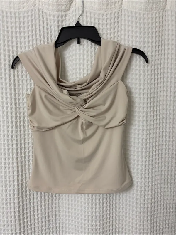 Abercrombie and Fitch Off the Shoulder Twist Top Beige Small - Image 2