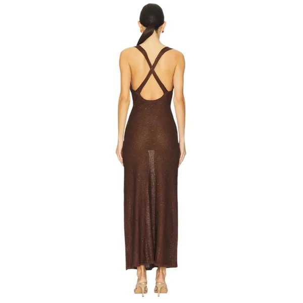 SOVERE Spark Dress in Coffee Medium New Womens Knit Crochet sequin Maxi Gown - Image 2