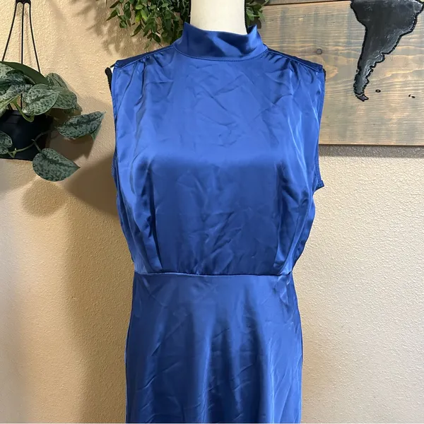 Lulus Classic Elegance Blue Satin Sleeveless Mock Neck Maxi Dress - Image 4